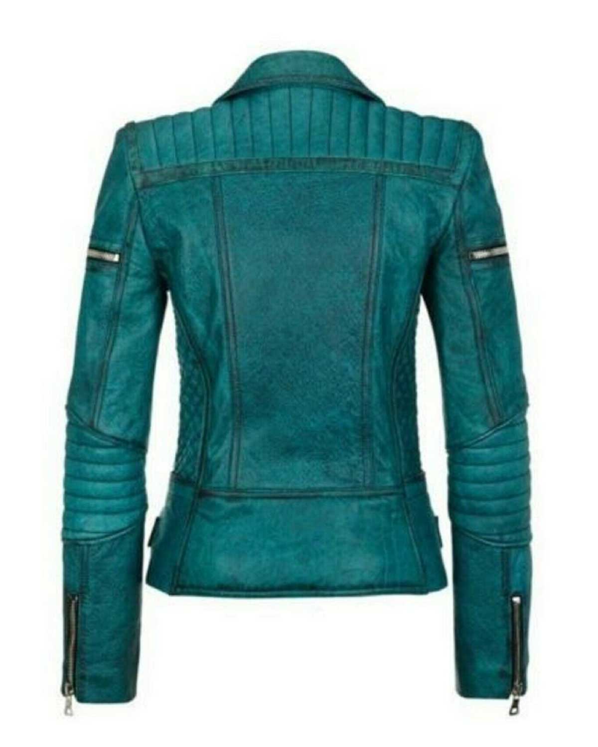 MotorCycleJackets Women Slim Fit Diamond Quilted Moto Teal Leather Jacket