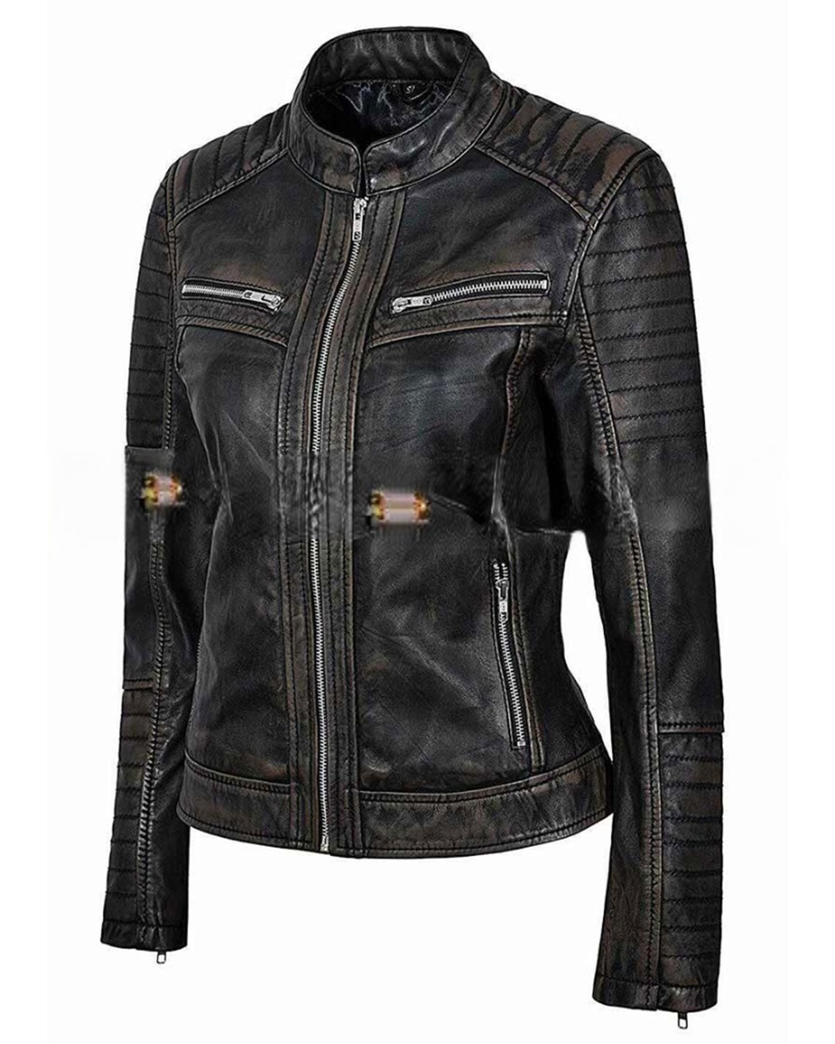 MotorCycleJackets Womens Distressed Black Cafe Racer Jacket