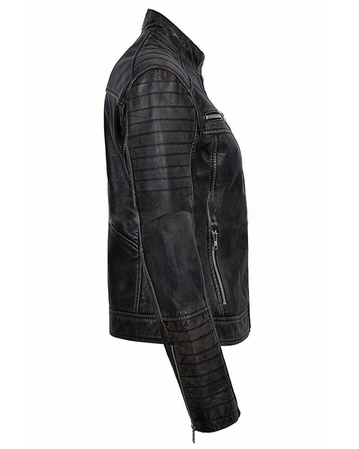 MotorCycleJackets Womens Distressed Black Cafe Racer Jacket