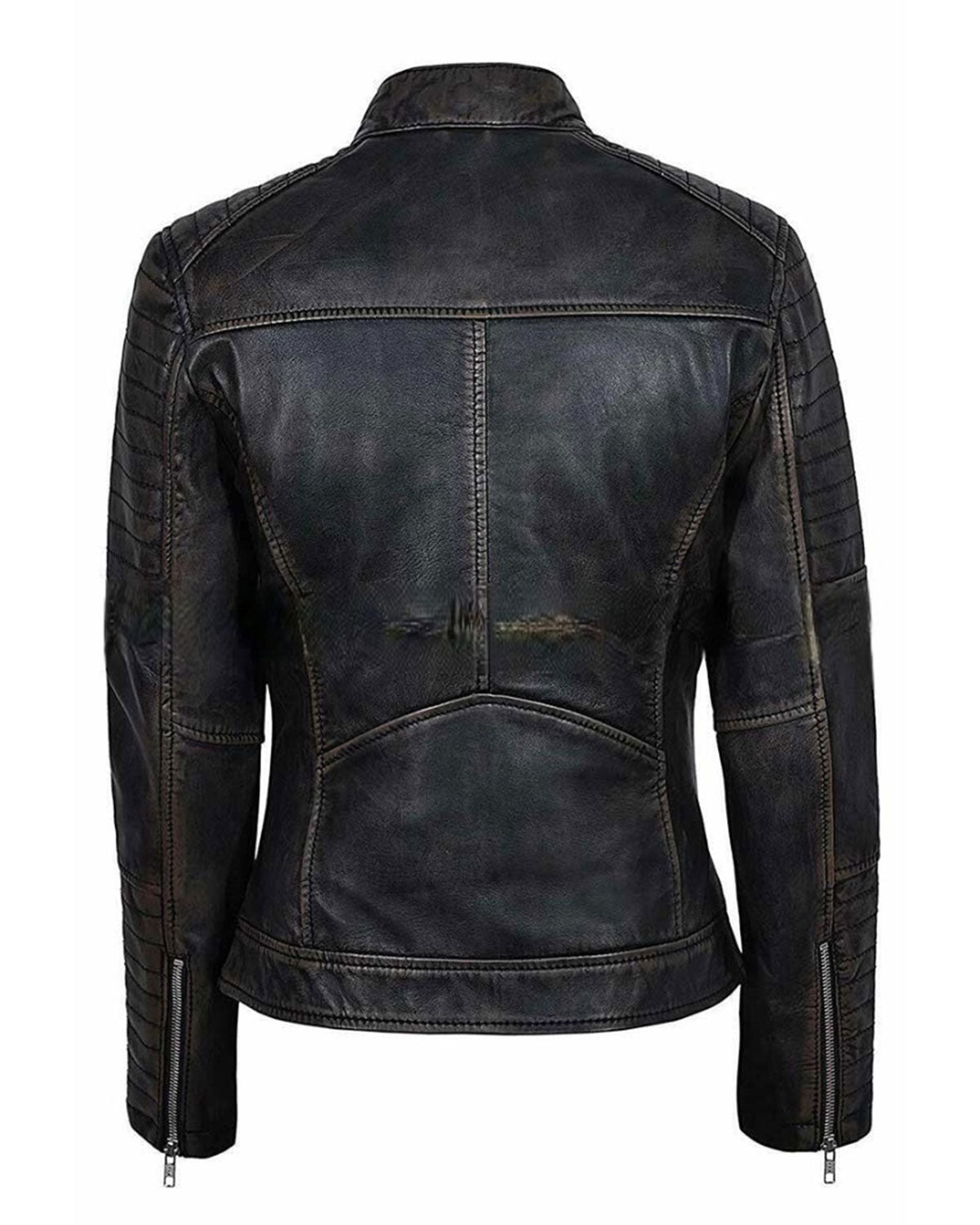 MotorCycleJackets Womens Distressed Black Cafe Racer Jacket