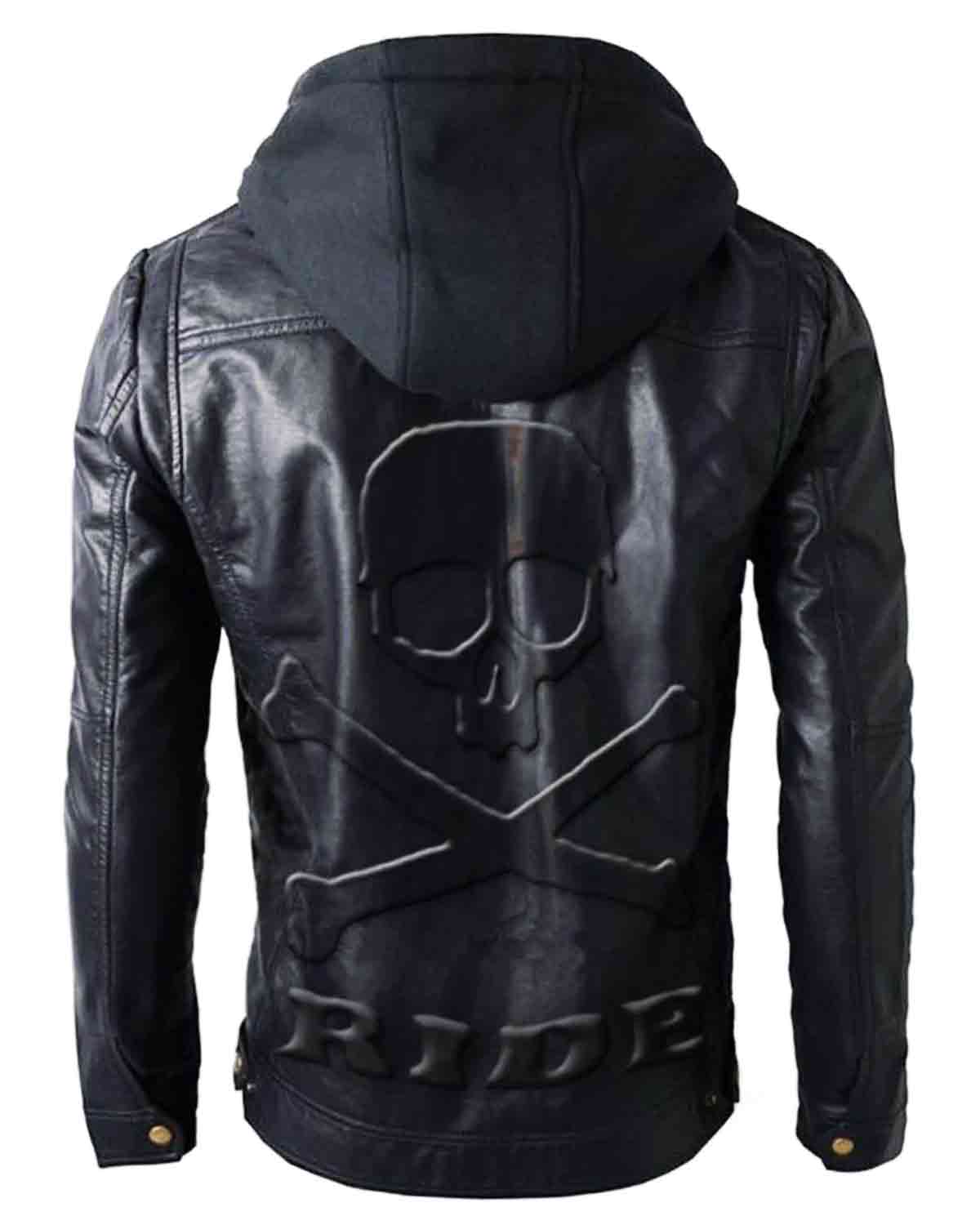 MotorCycleJackets Brando Style Motorbike Leather Jacket Hoodie with Skull Embossed Logo at Back