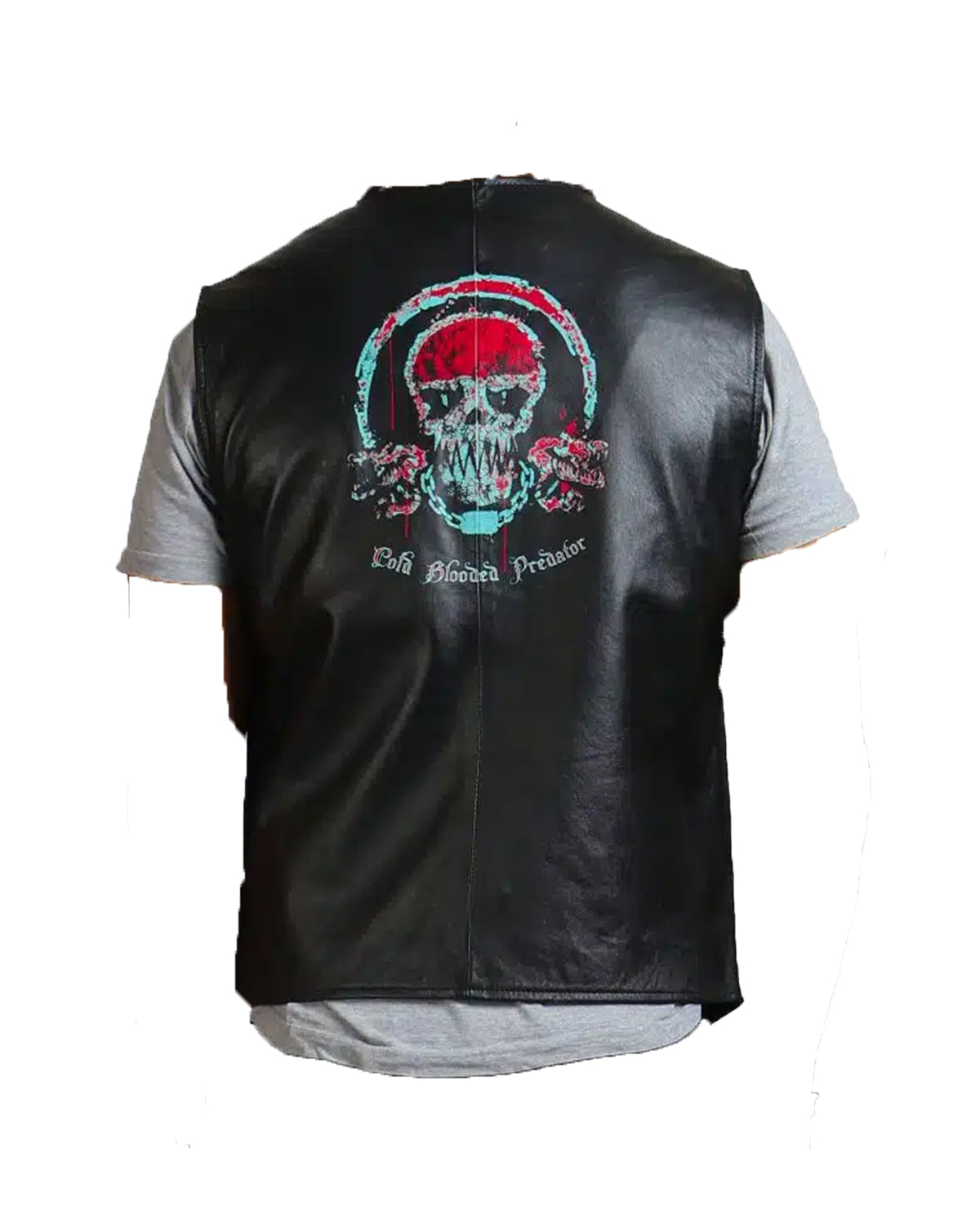 MotorCycleJackets Blood Skull Printed Men Black Leather Vest