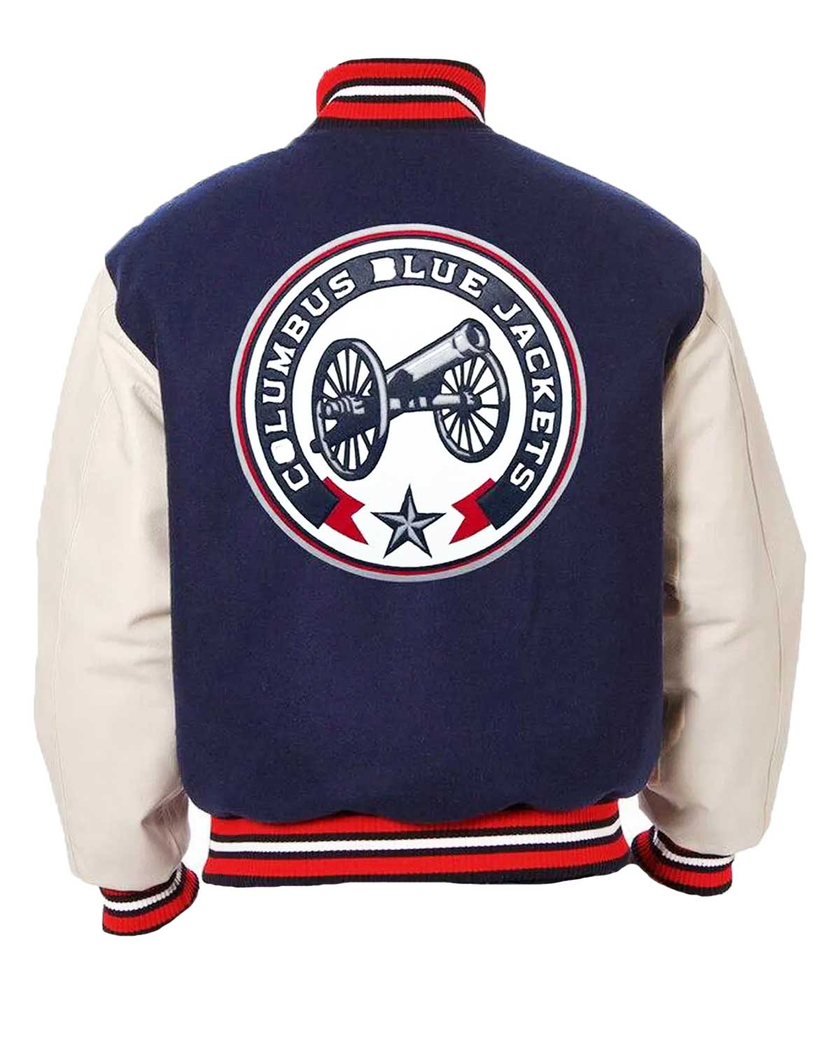 MotorCycleJackets Columbus Blue Jackets White and Navy Blue Varsity Jacket