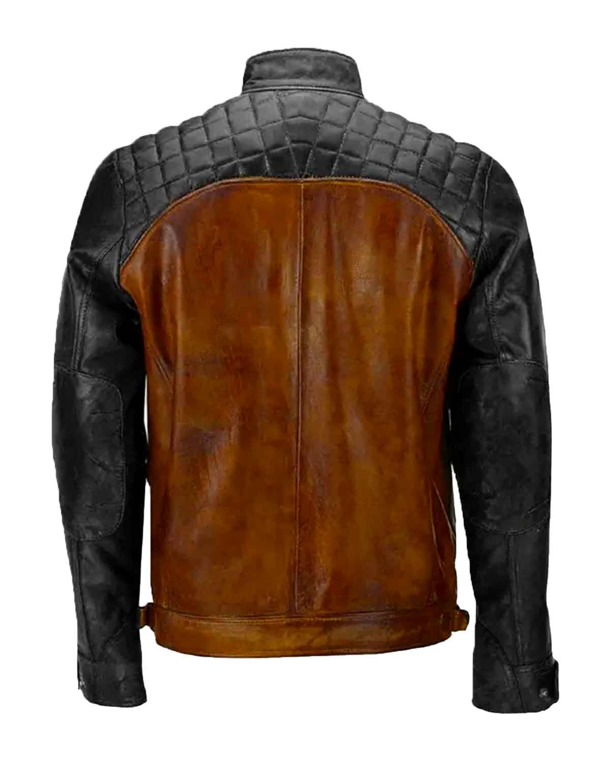 Mens Brown And Black Leather Quilting Vintage Biker Jacket 