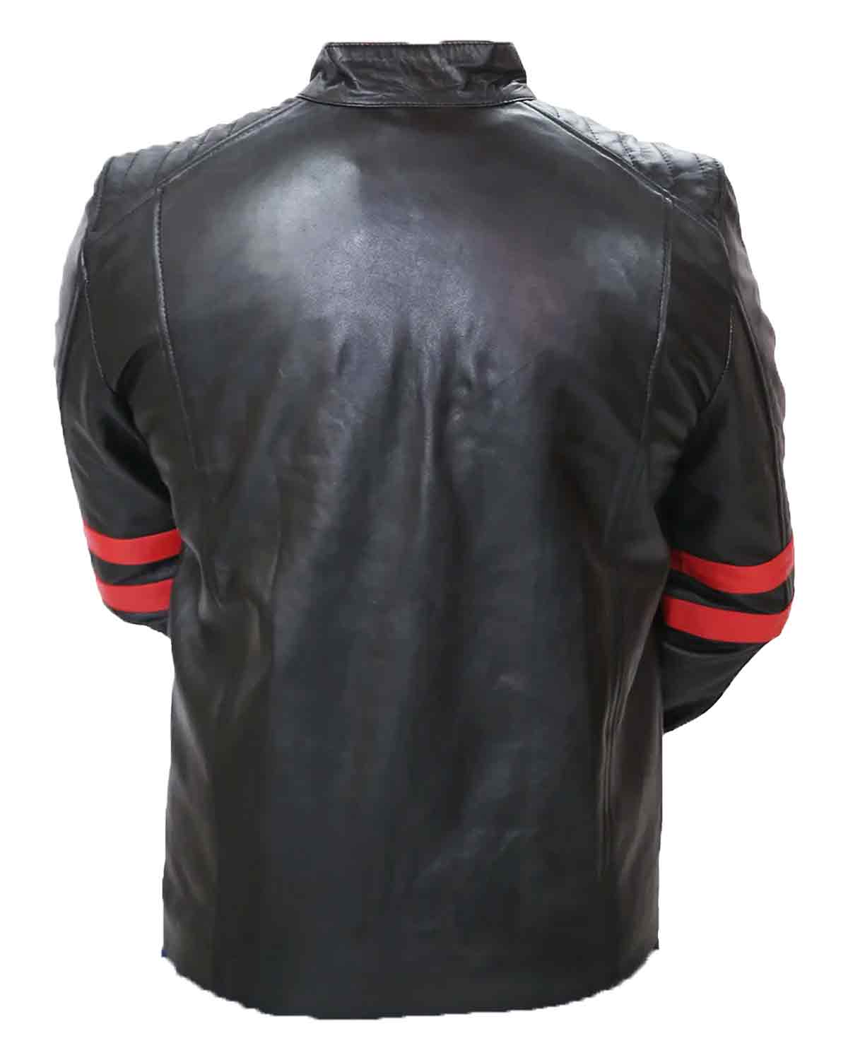 MotorCycleJackets Men's Black Cafe Racer Red Strip Lambskin Leather Jacket