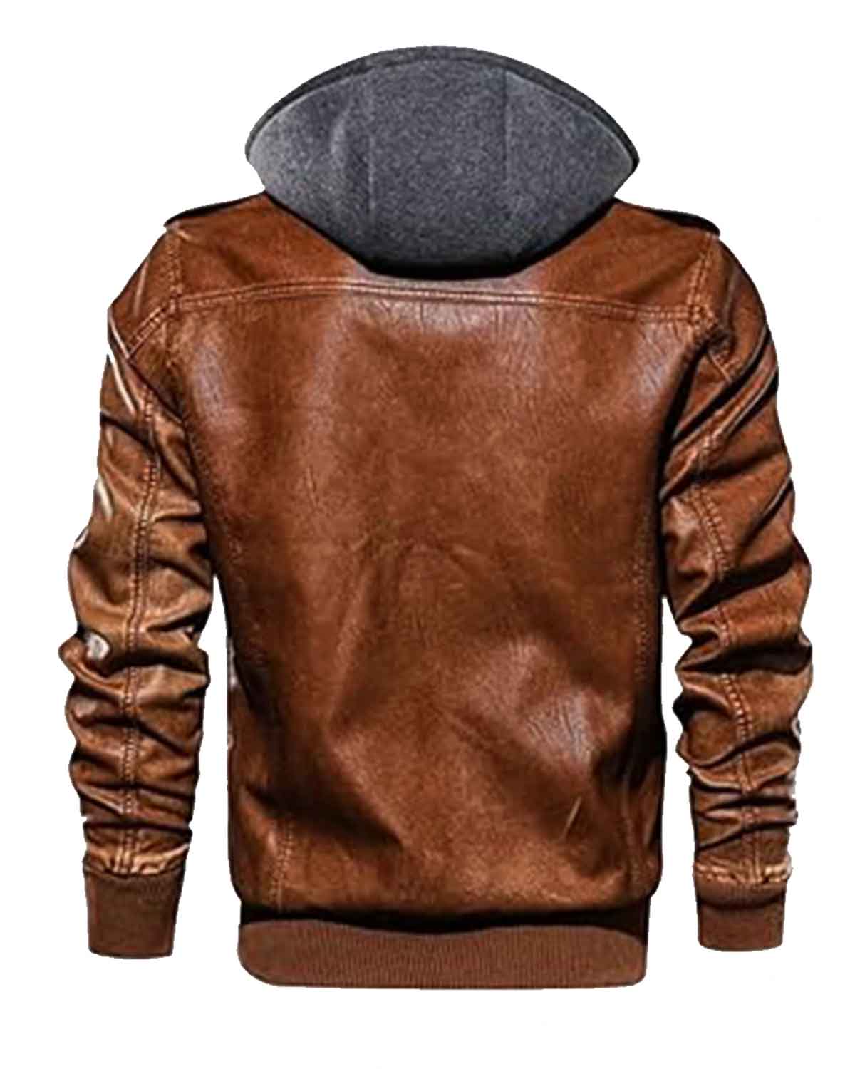 Mens Classic Brown Retro Leather Biker Hooded Jacket