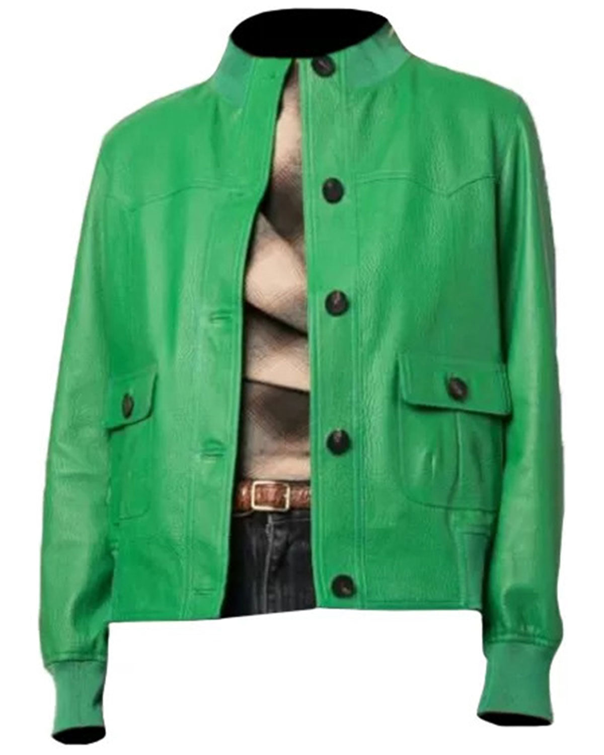 MotorCycleJackets Womens Buttoned Green Leather Jacket