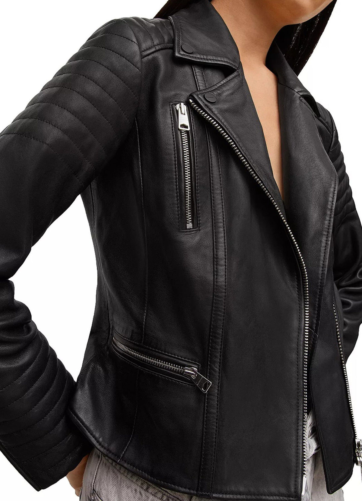 Womens Quilted Sleeves Black Biker Leather Jacket