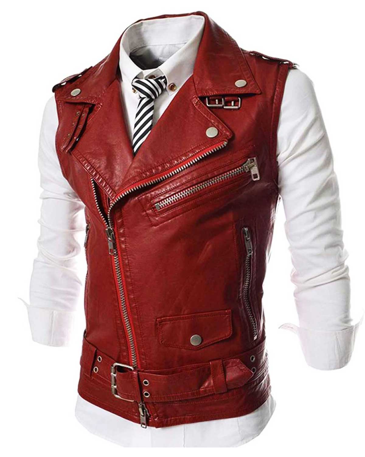 MotorCycleJackets Men’s Asymmetrical Slim Fit Motorcycle Red Leather Vest