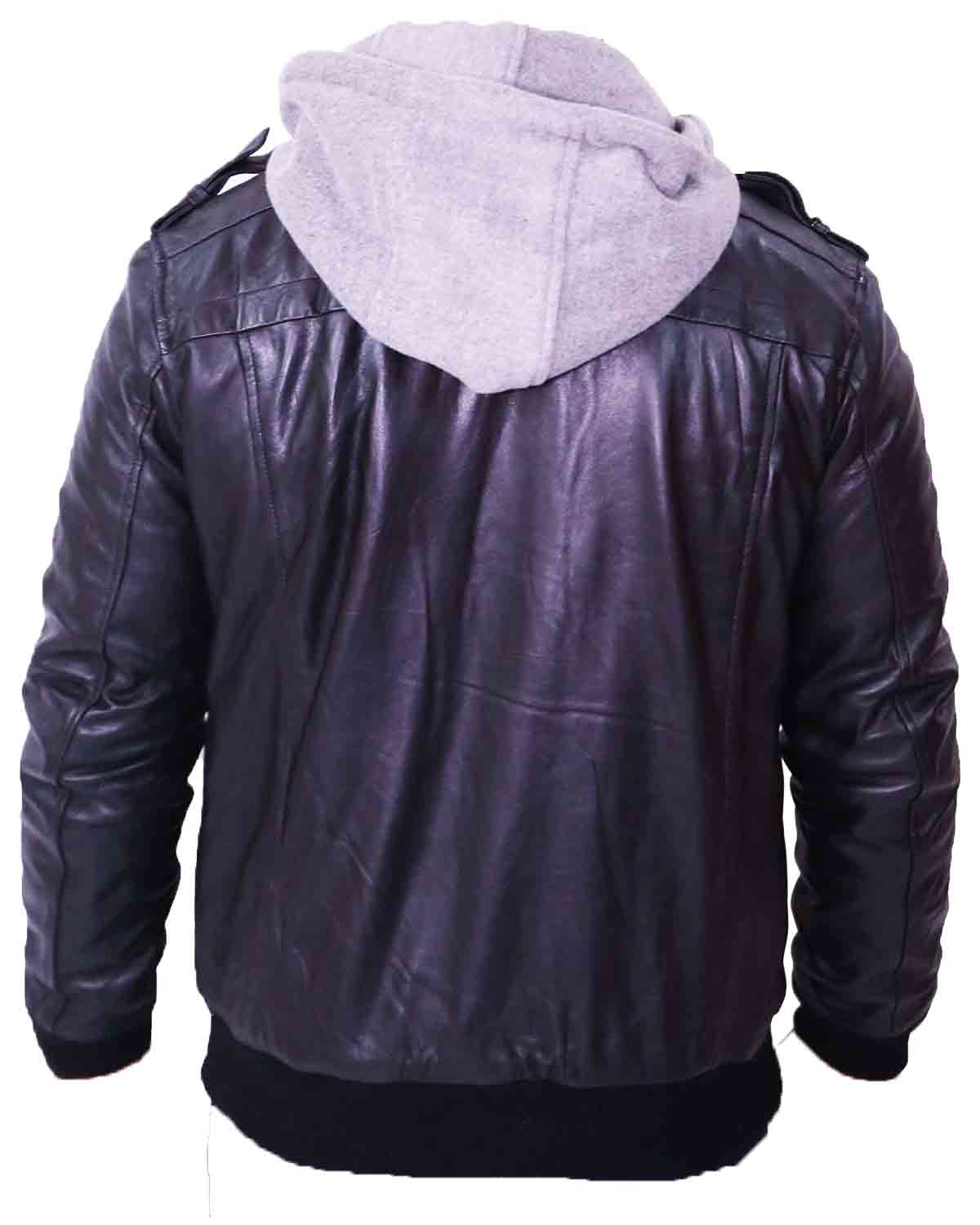 MotorCycleJackets Men's Grey Removable Hood Black Leather Jacket