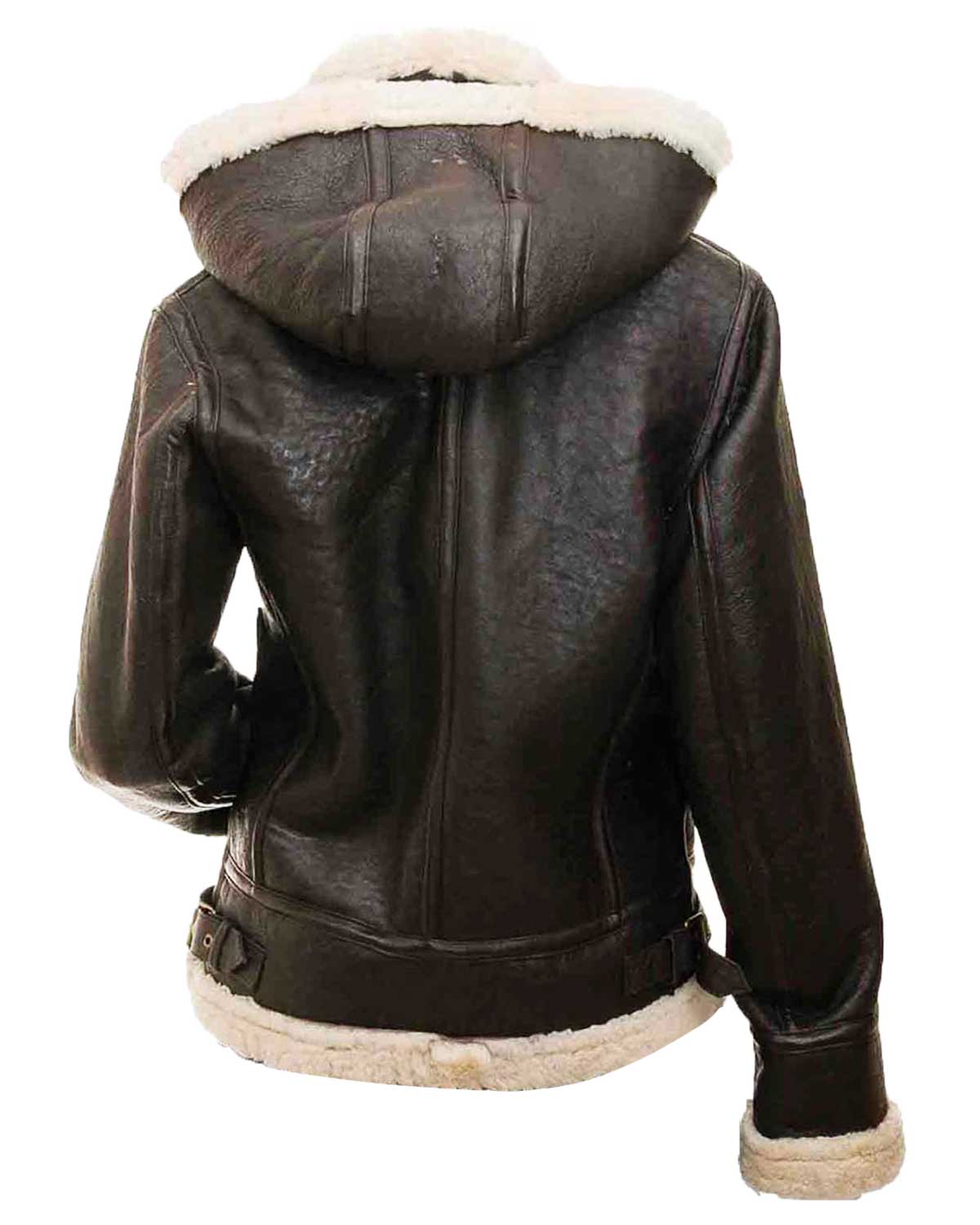 MotorCycleJackets Women’s Shearling Brown Leather Bomber Jacket with Hood