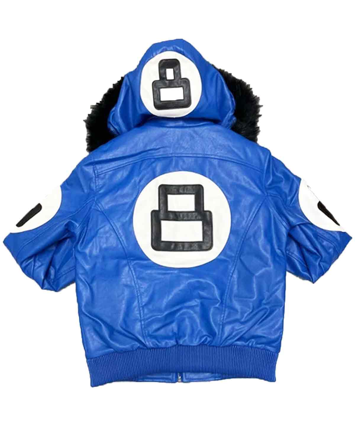 MotorCycleJackets 8 Ball Logo Fur Hooded Sheepskin Blue Men's Jacket