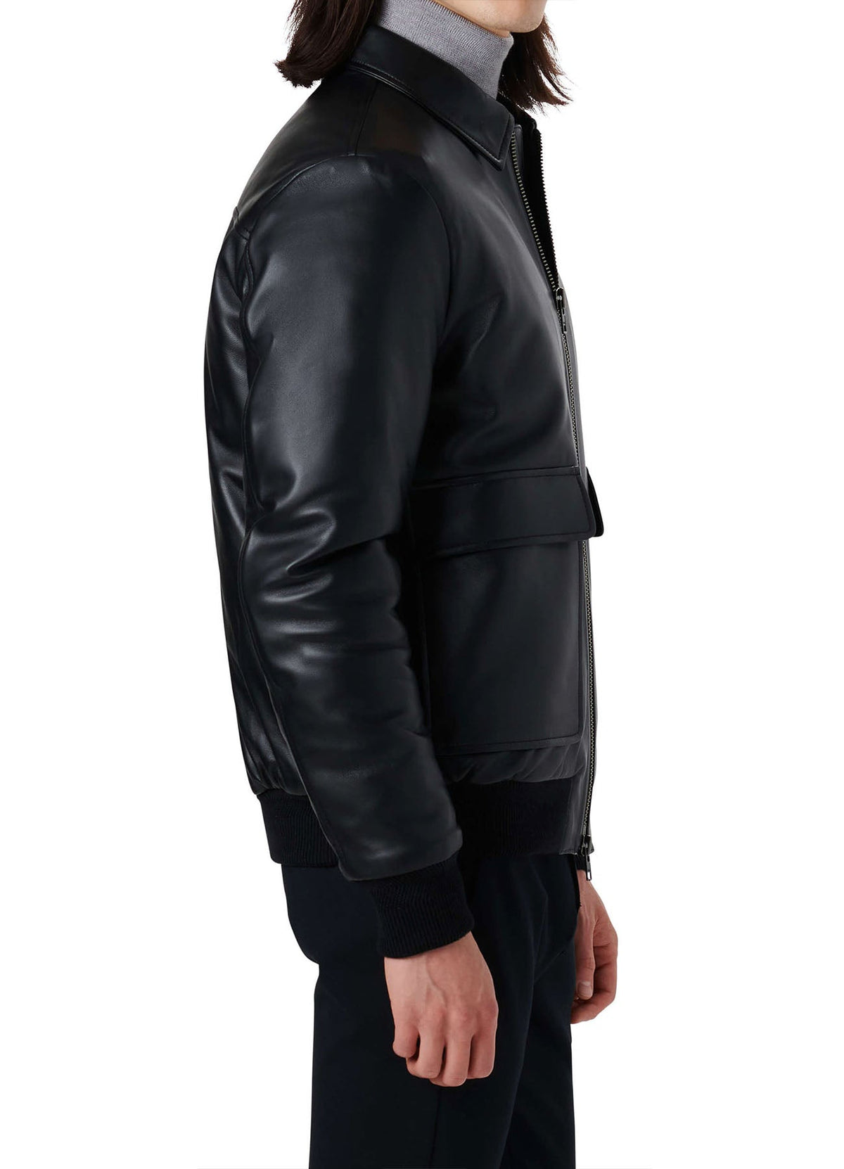 Mens Deep Black Smooth Bomber Leather Jacket