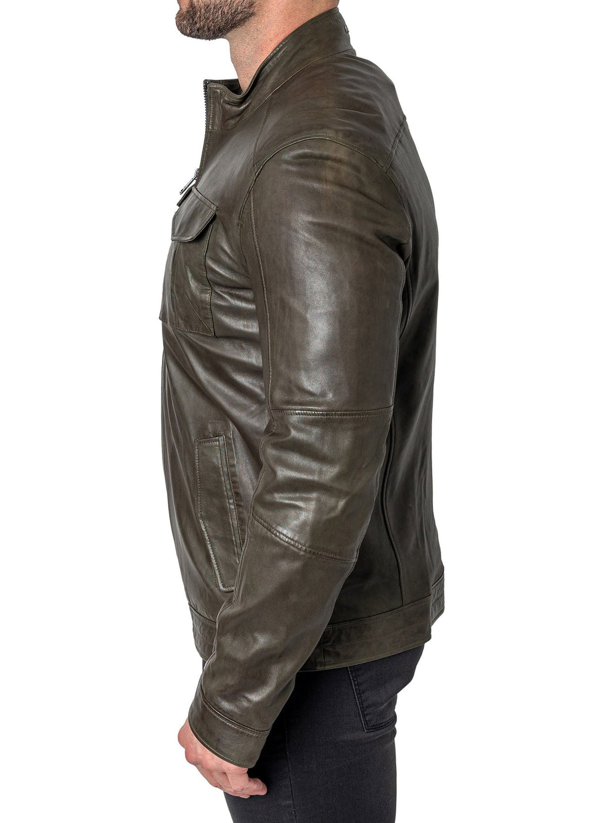 Mens Military Style Olive Green Leather Jacket