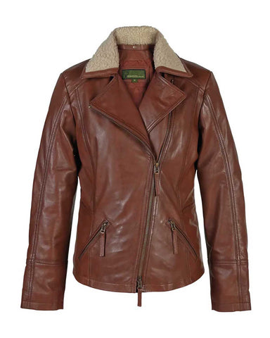 MotorCycleJackets Hana Women’s Rust Leather Flying Jacket With Faux Fur Collar