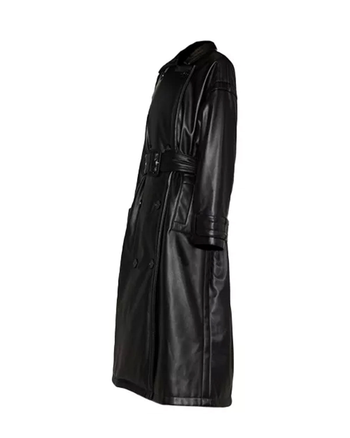 MotorCycleJackets Womens Black Leather Trench Coat Double Breasted