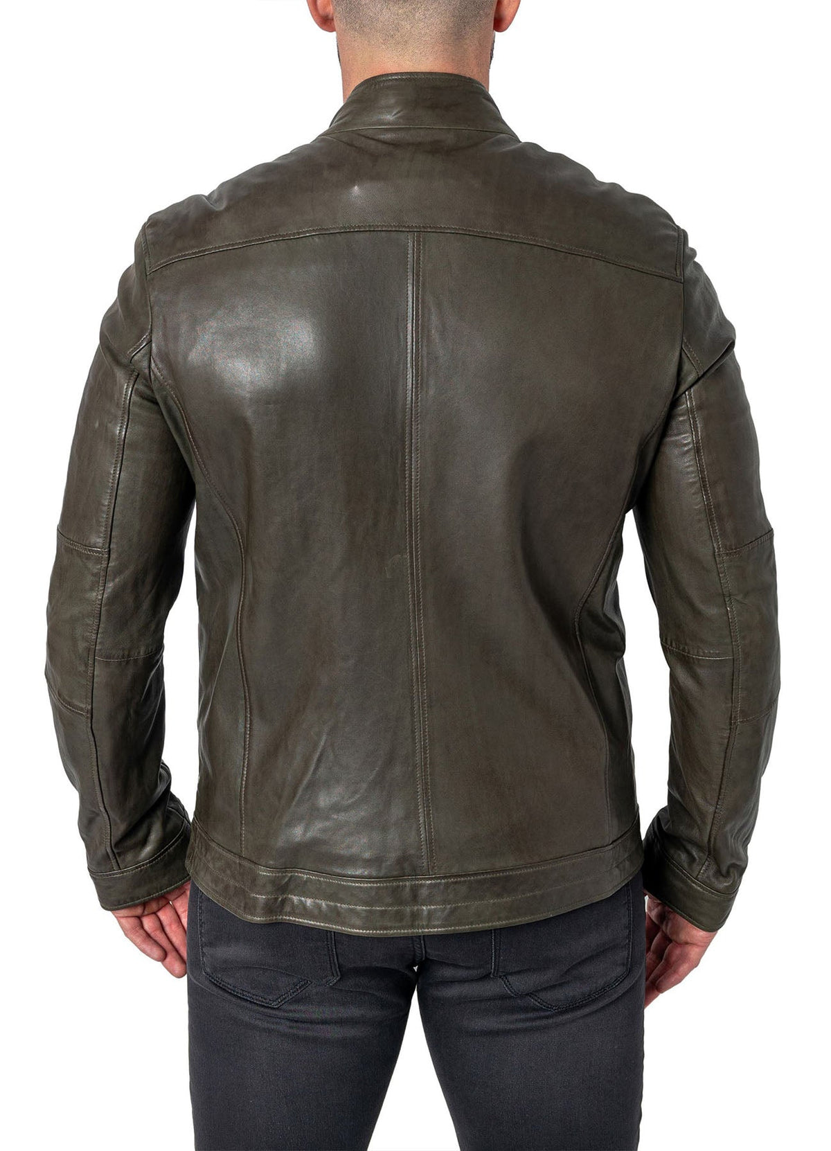 Mens Military Style Olive Green Leather Jacket