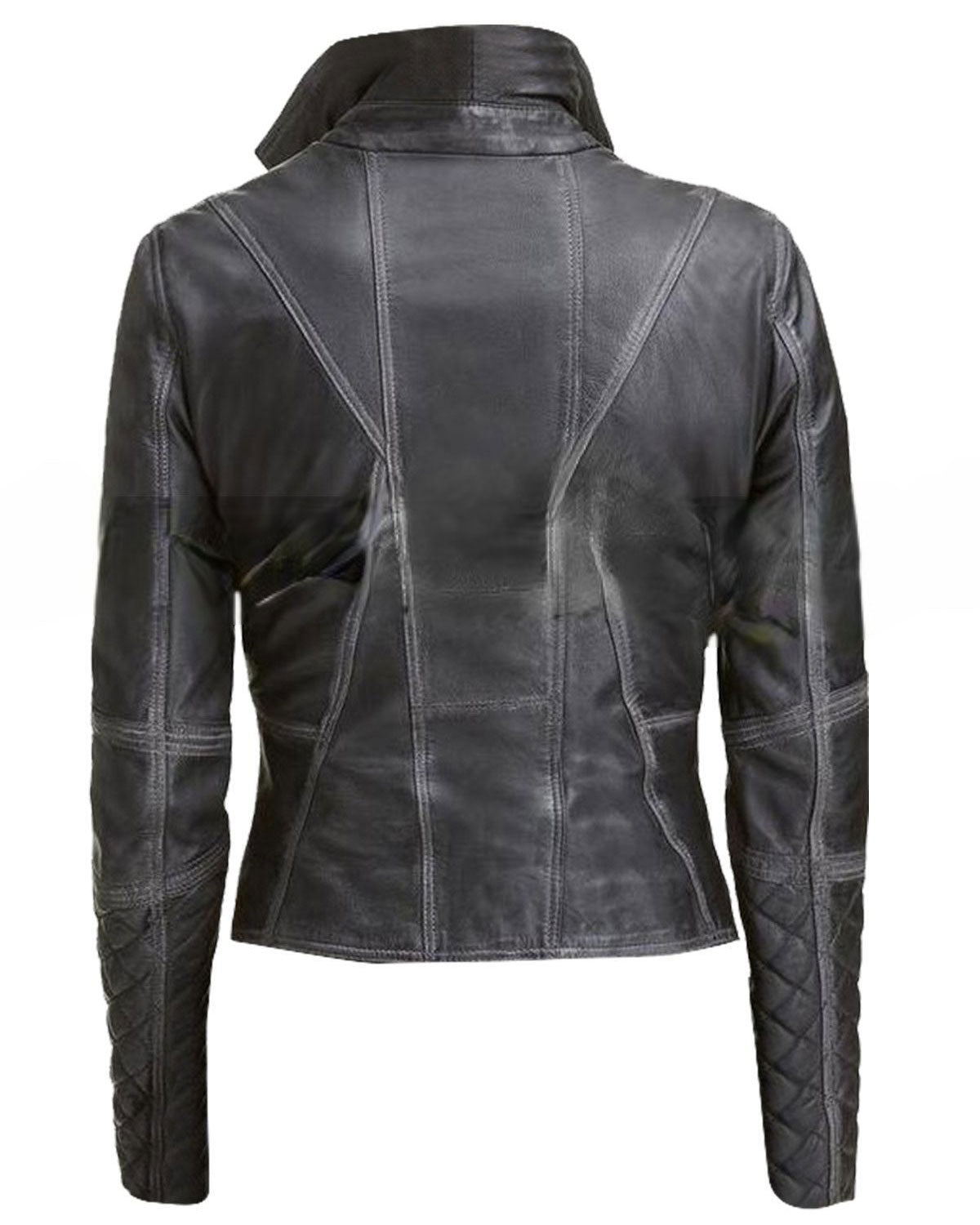 Womens Black Leather Biker Jacket Quilted and Slim Fit