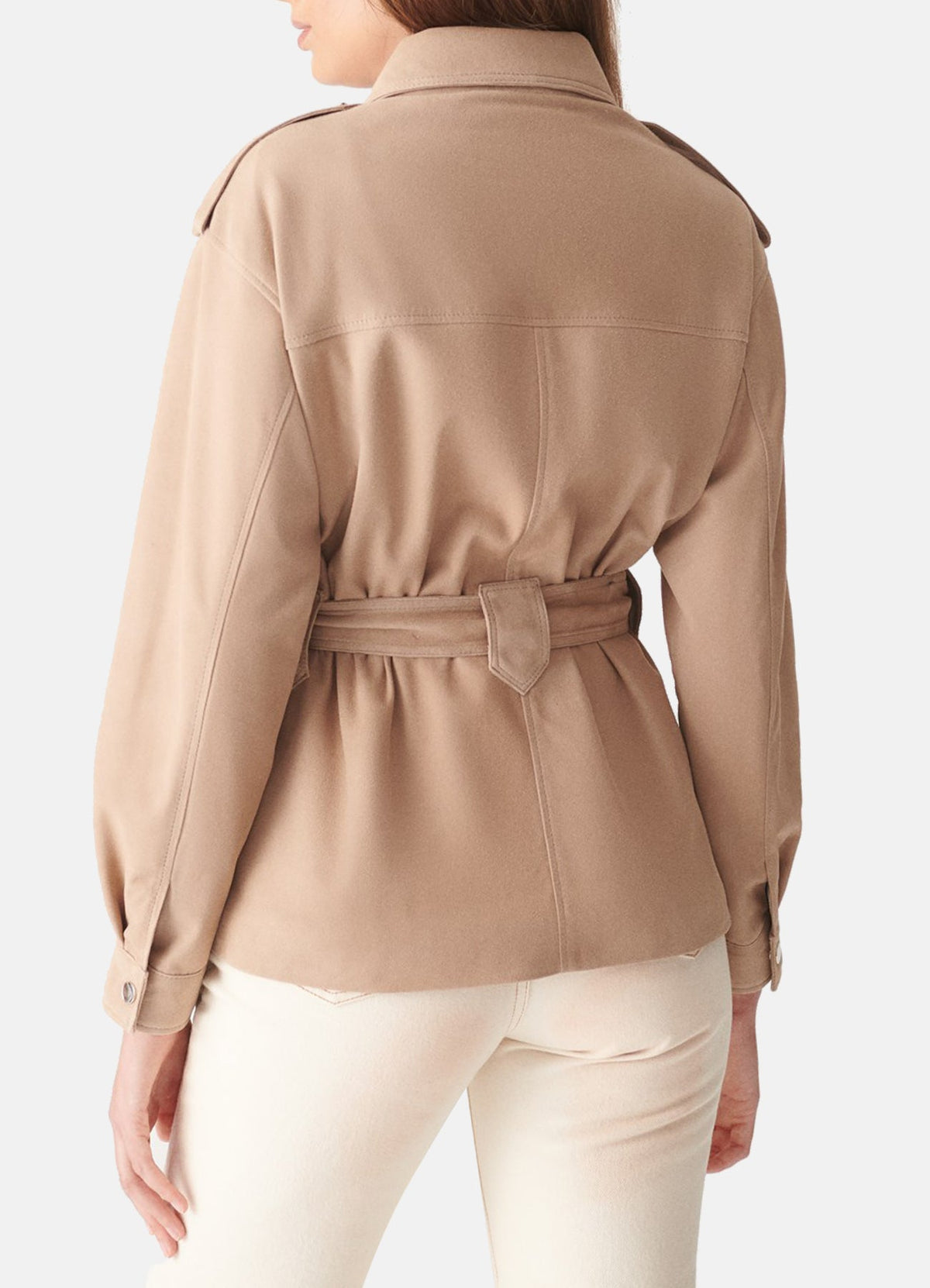 Womens Beige Long Length Suede Leather Jacket