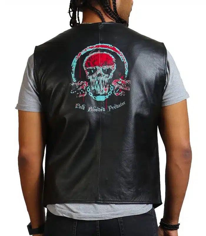 MotorCycleJackets Blood Skull Printed Men Black Leather Vest