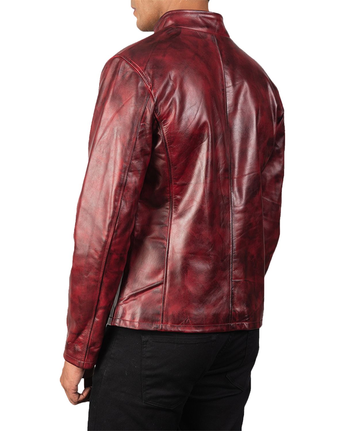 Mens Distressed Burgundy Biker Leather Jacket