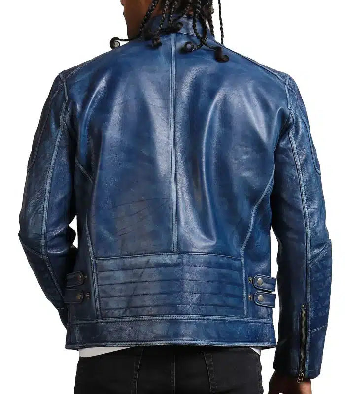 Blue Cafe Racer Mens Vintage Biker Leather Jacket