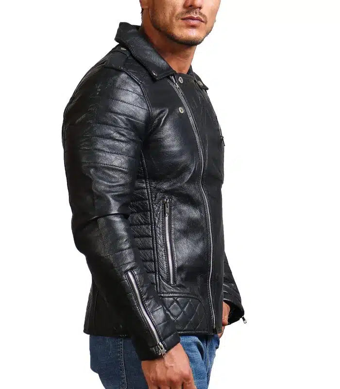 Boda Black Men Cowhide Biker Leather Jacket