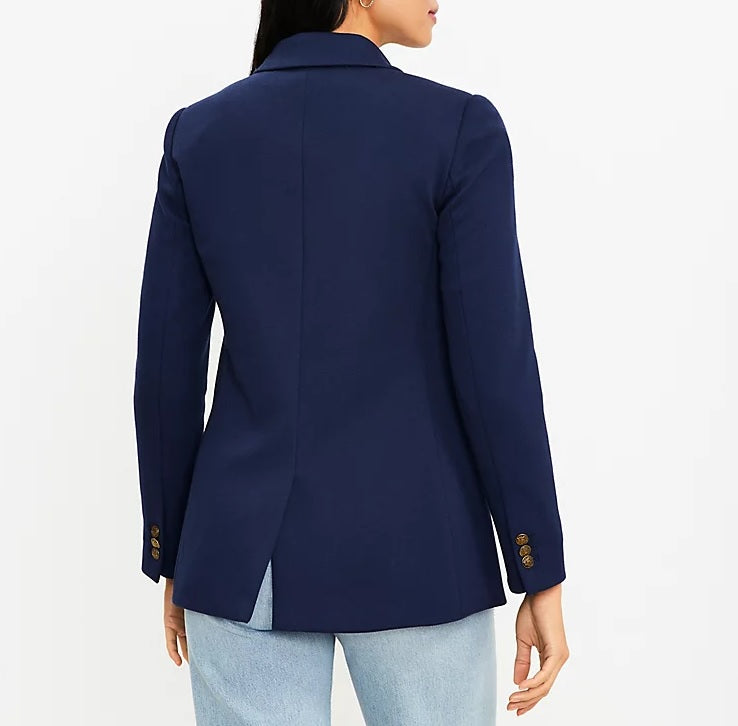 Women Preppy Navy Petite Knit Double Breasted Blazer