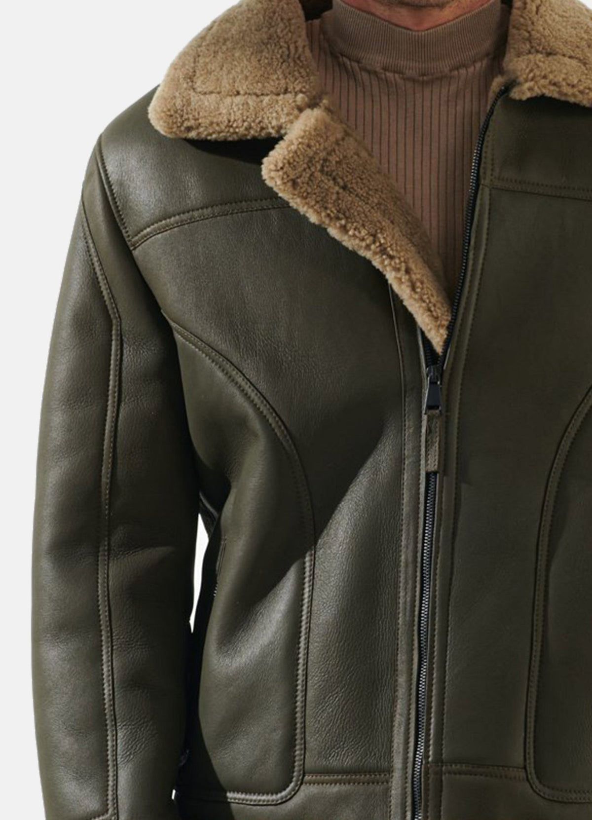 Mens Moss Green Shearling Leather Jacket