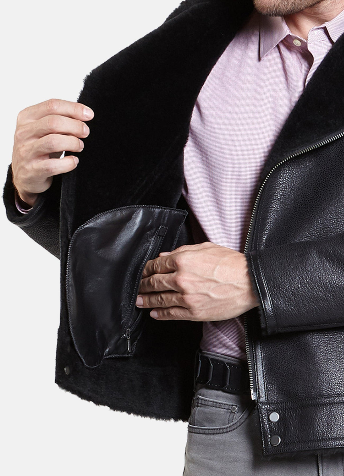 Mens Shiny Black Shearling Leather Jacket