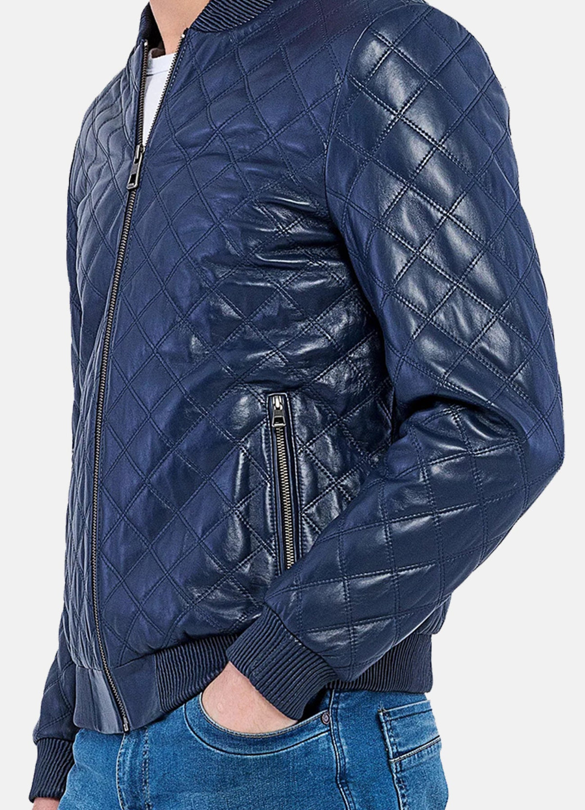 Mens Blue Quilted Leather Bomber Jacket