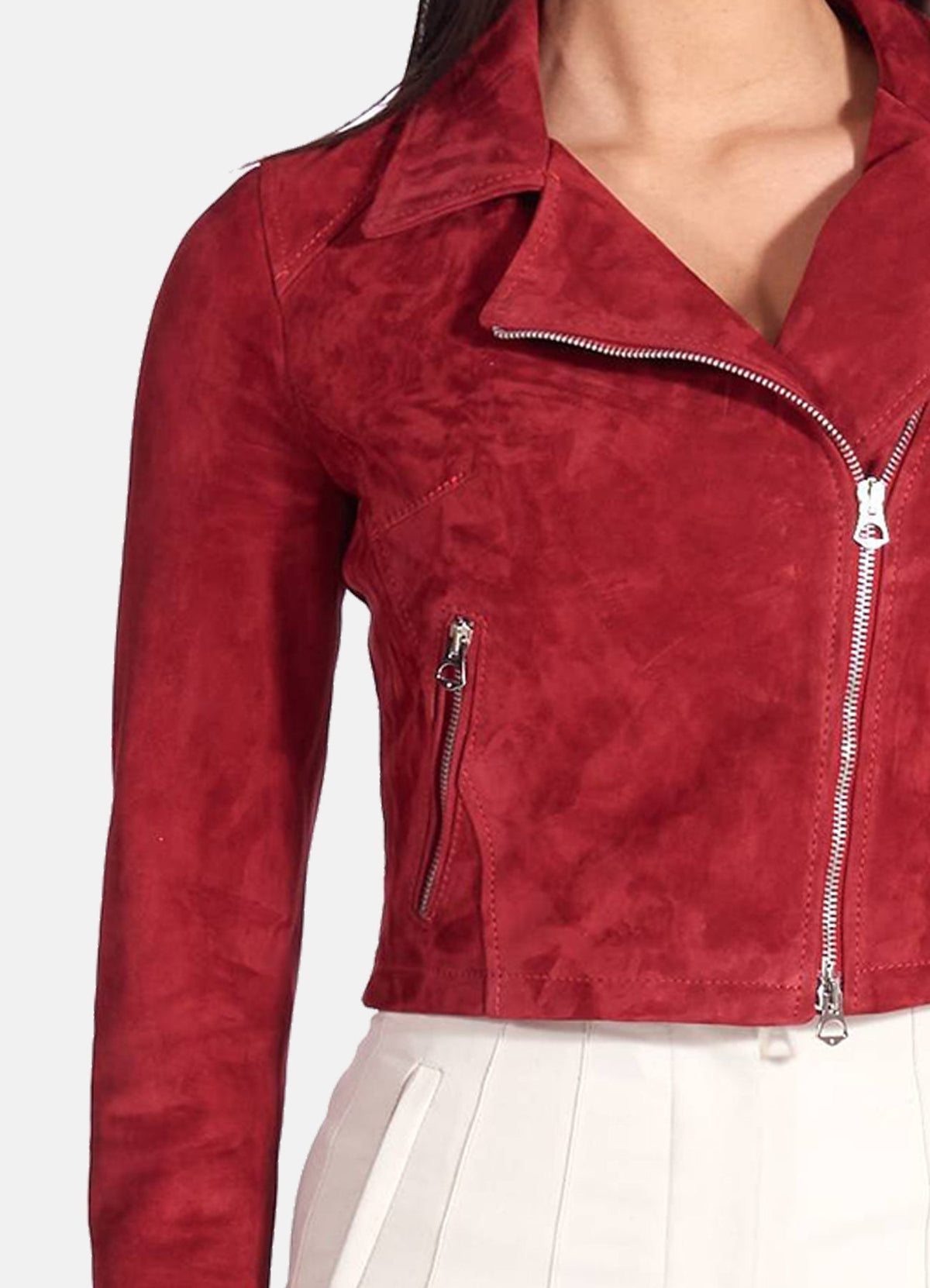 Womens Red Short Length Suede Biker Leather Jacket