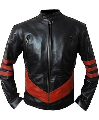 X-Men Wolverine Black With Red Strips Biker Leather Jacket