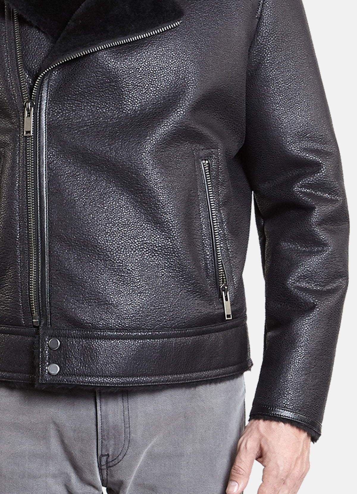 Mens Shiny Black Shearling Leather Jacket