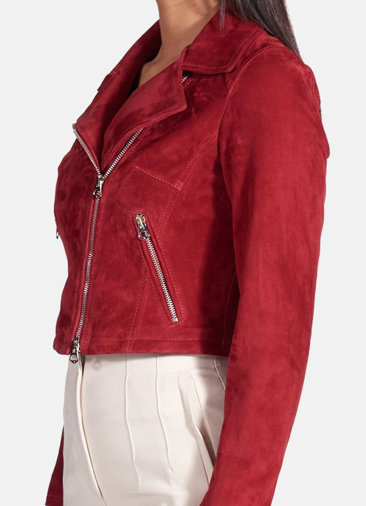 Womens Red Short Length Suede Biker Leather Jacket