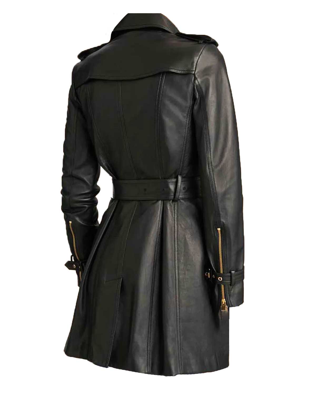 MotorCycleJackets Black Women’s Mid-Length Double Breasted Leather Coat