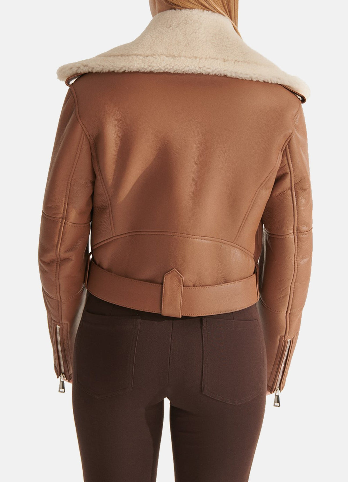 Womens Short Length Tan Shearling Leather Jacket