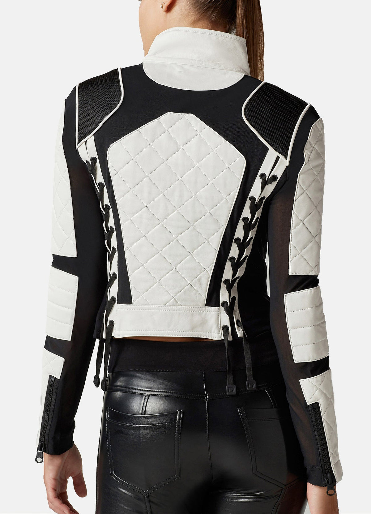Womens White and Black Biker Leather Jacket