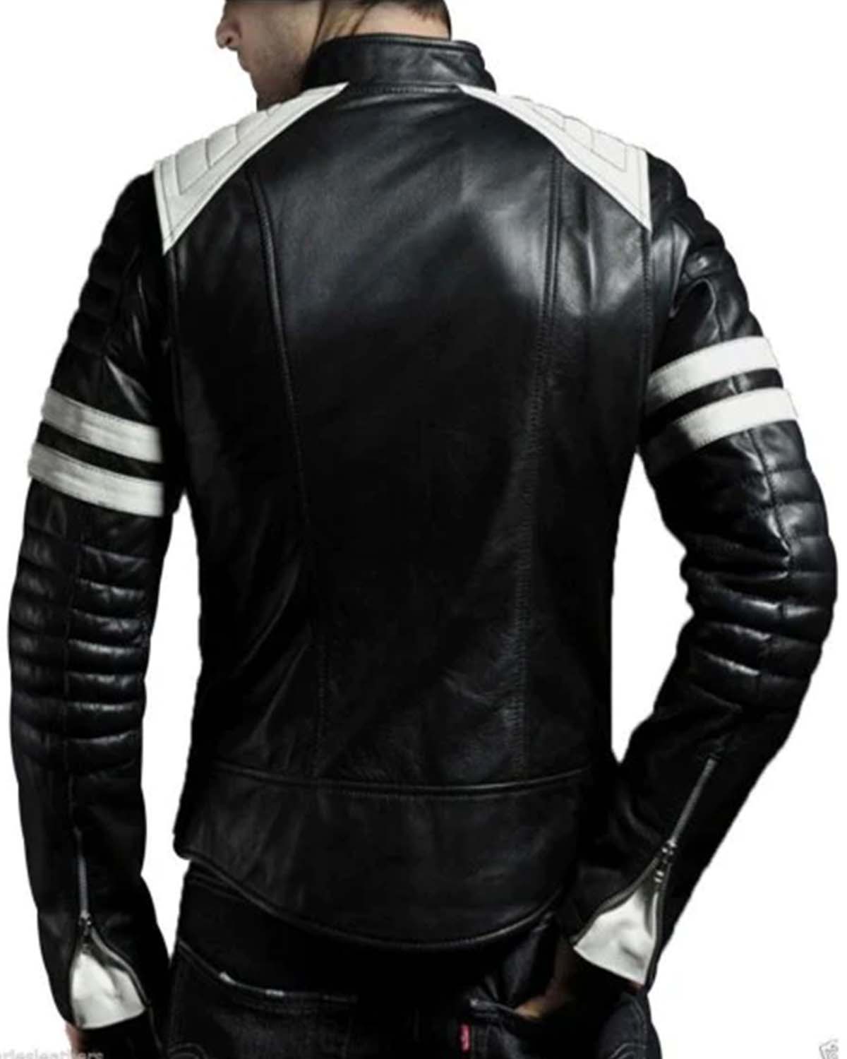 MotorCycleJackets Fight Club Brad Pitt Black and White Leather Jacket