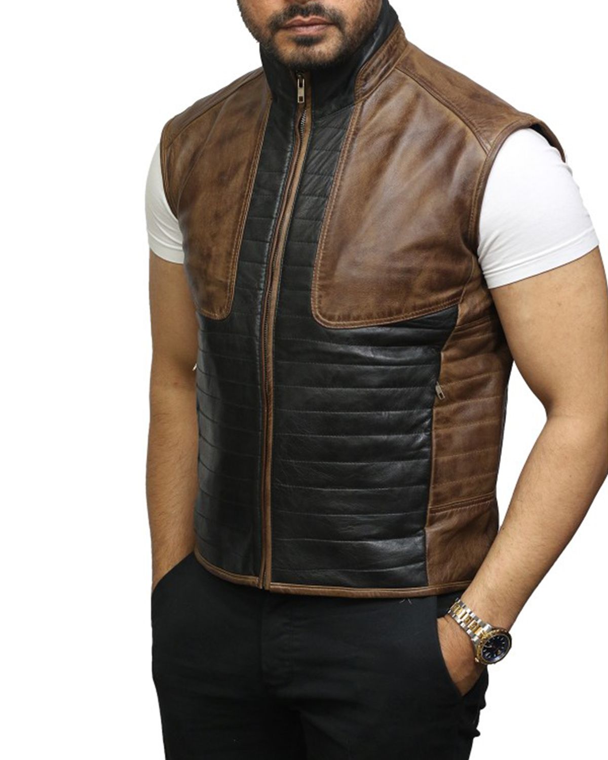 MotorCycleJackets Men's Black and Brown Body Warmer Leather Vest