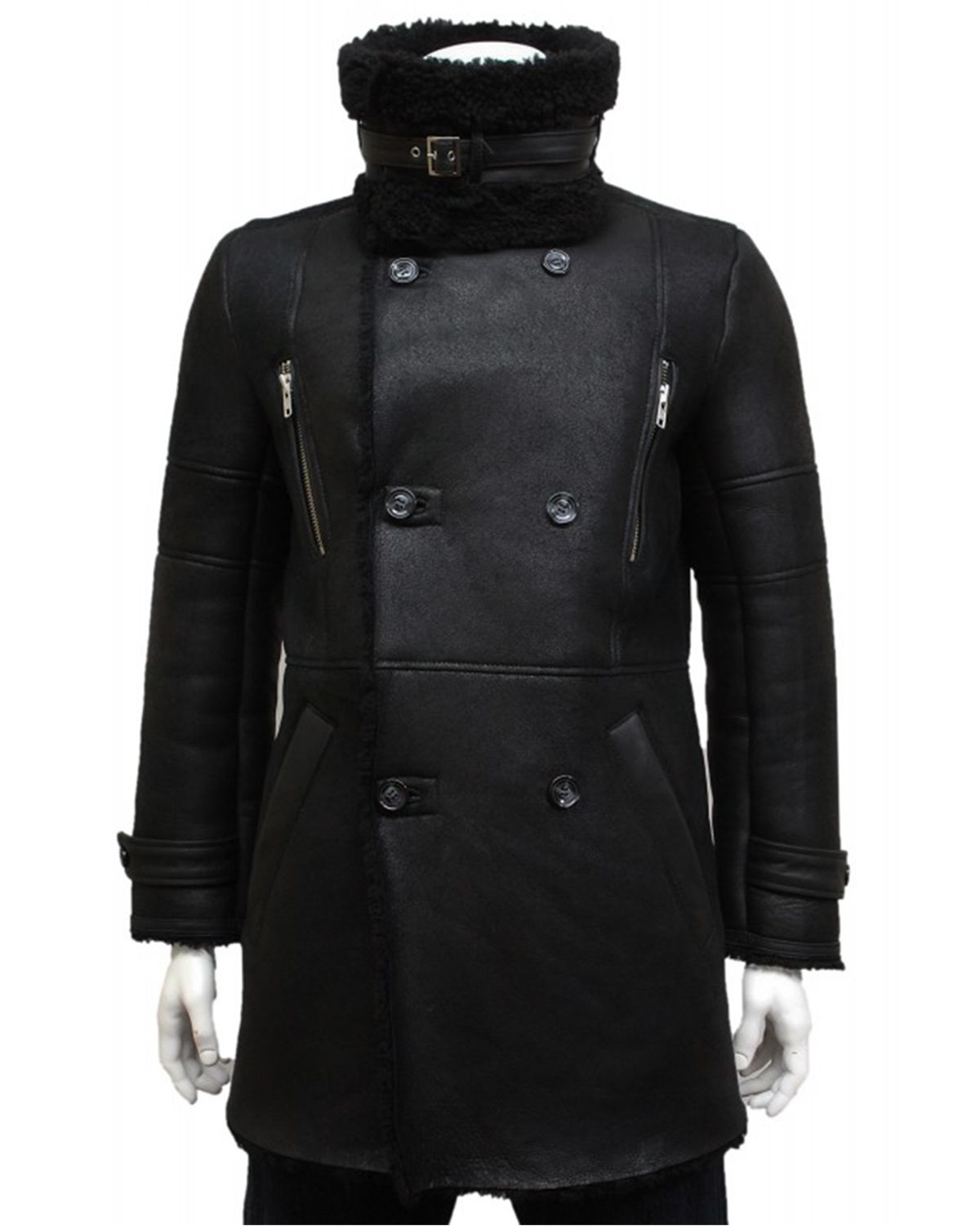 MotorCycleJackets Men's Black Foldable Notched Fur collar Duffle Coat