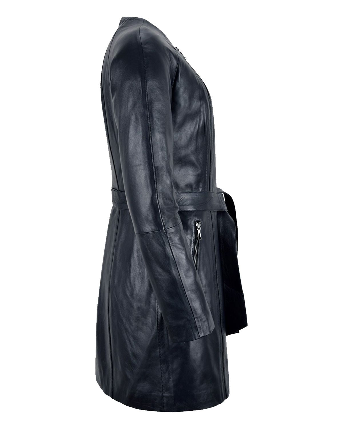 MotorCycleJackets Women's Collarless Black Knee Length Long Leather Coat