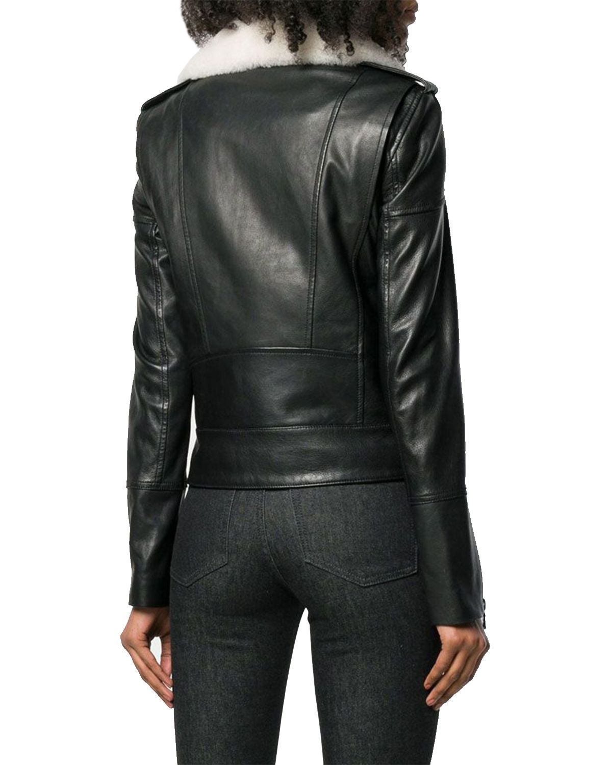Womens Fur Collar Black Aviator Biker Style Leather Jacket