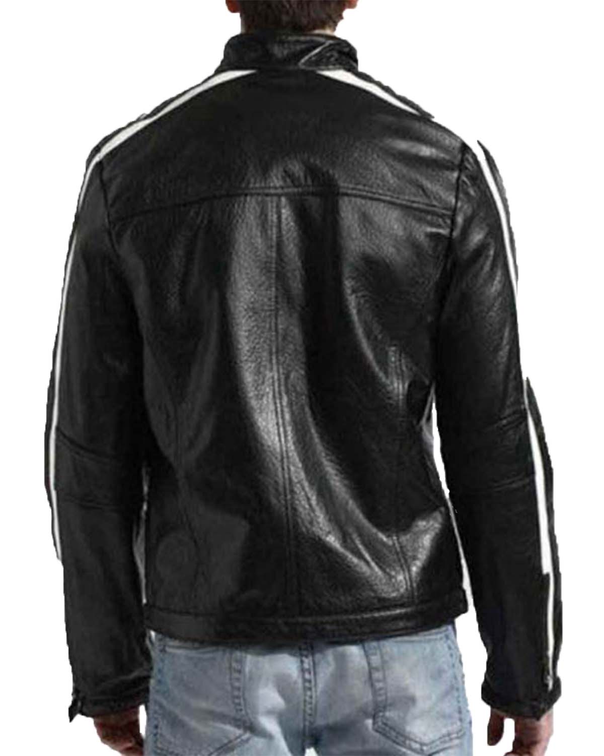 MotorCycleJackets White Striped Black Cafe Racer Leather Jacket