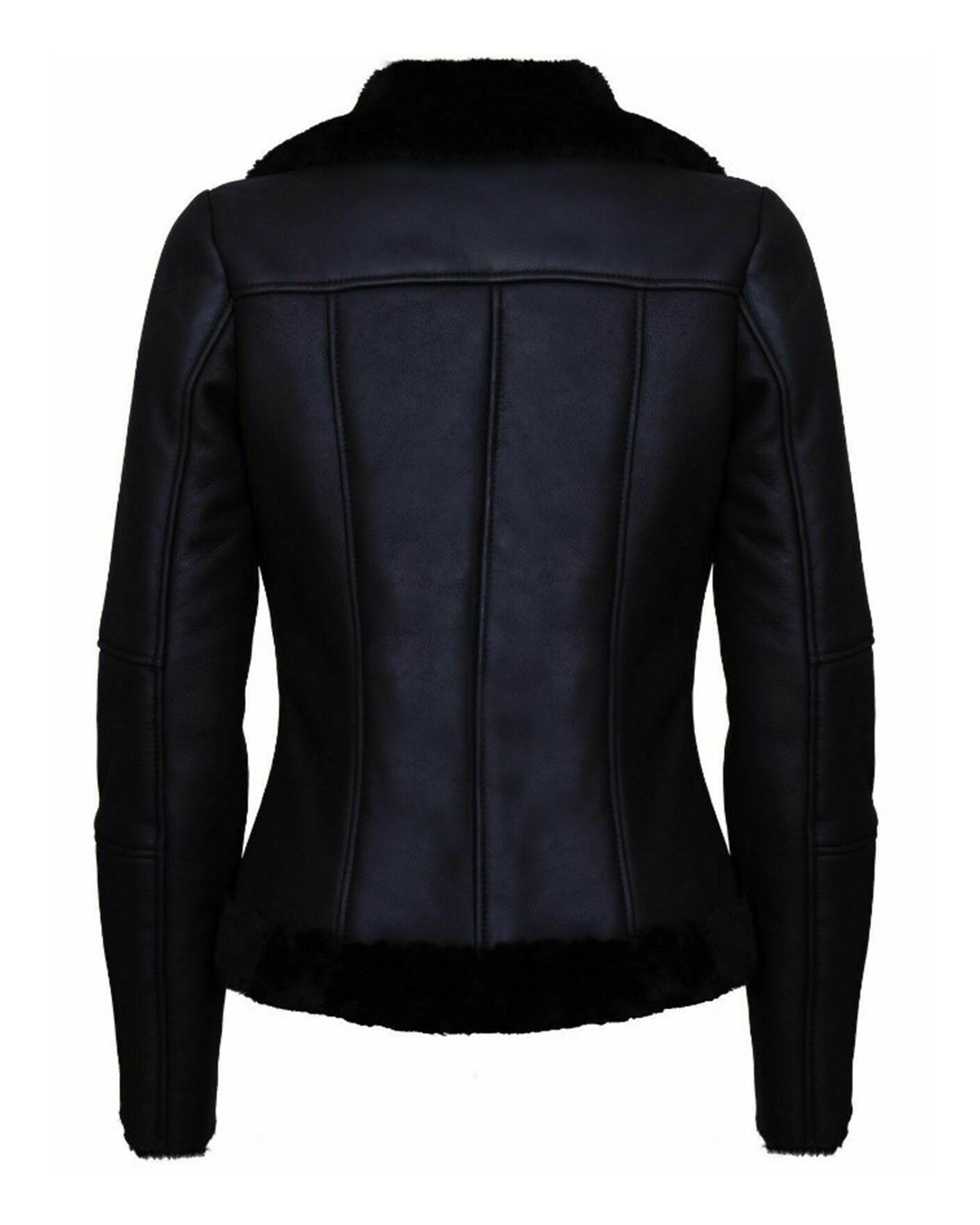 Women Fur Collar Black Biker Aviator Style Jacket