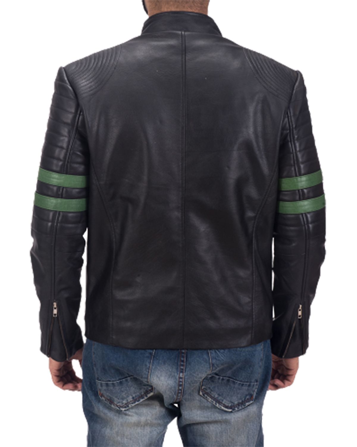 Men's Black Biker With Green Stripes Leather Jacket