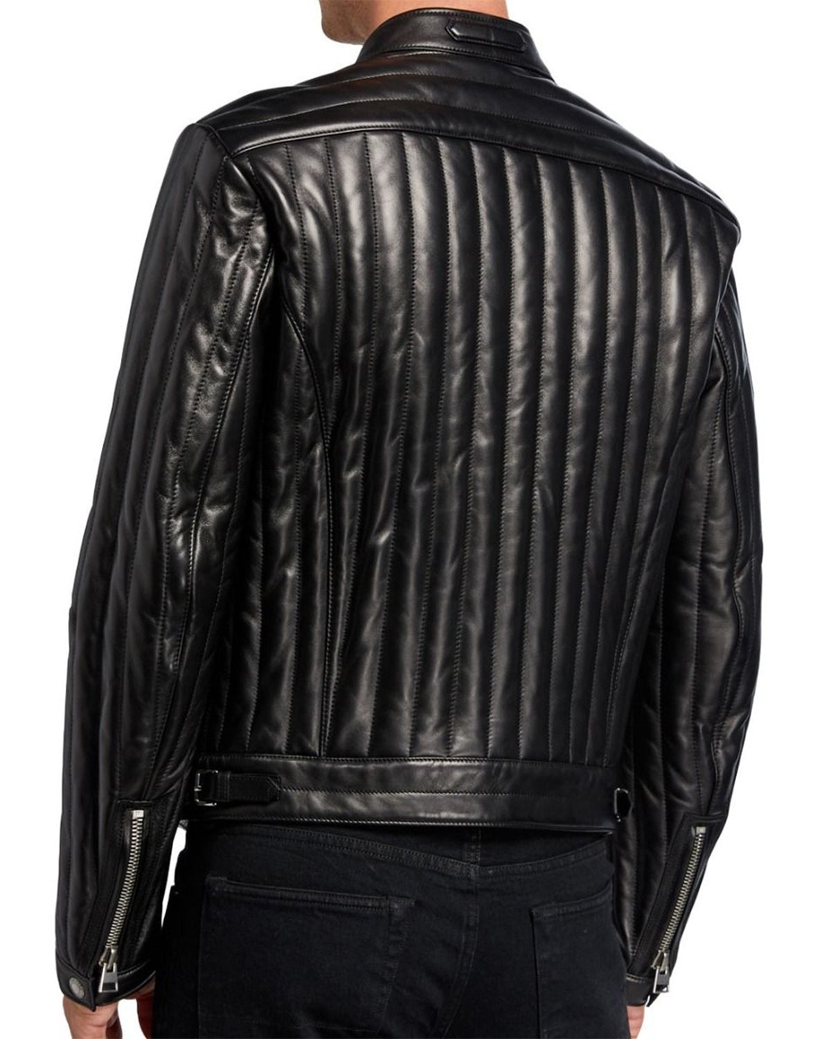 Men Vertical Channel Leather Biker Jacket