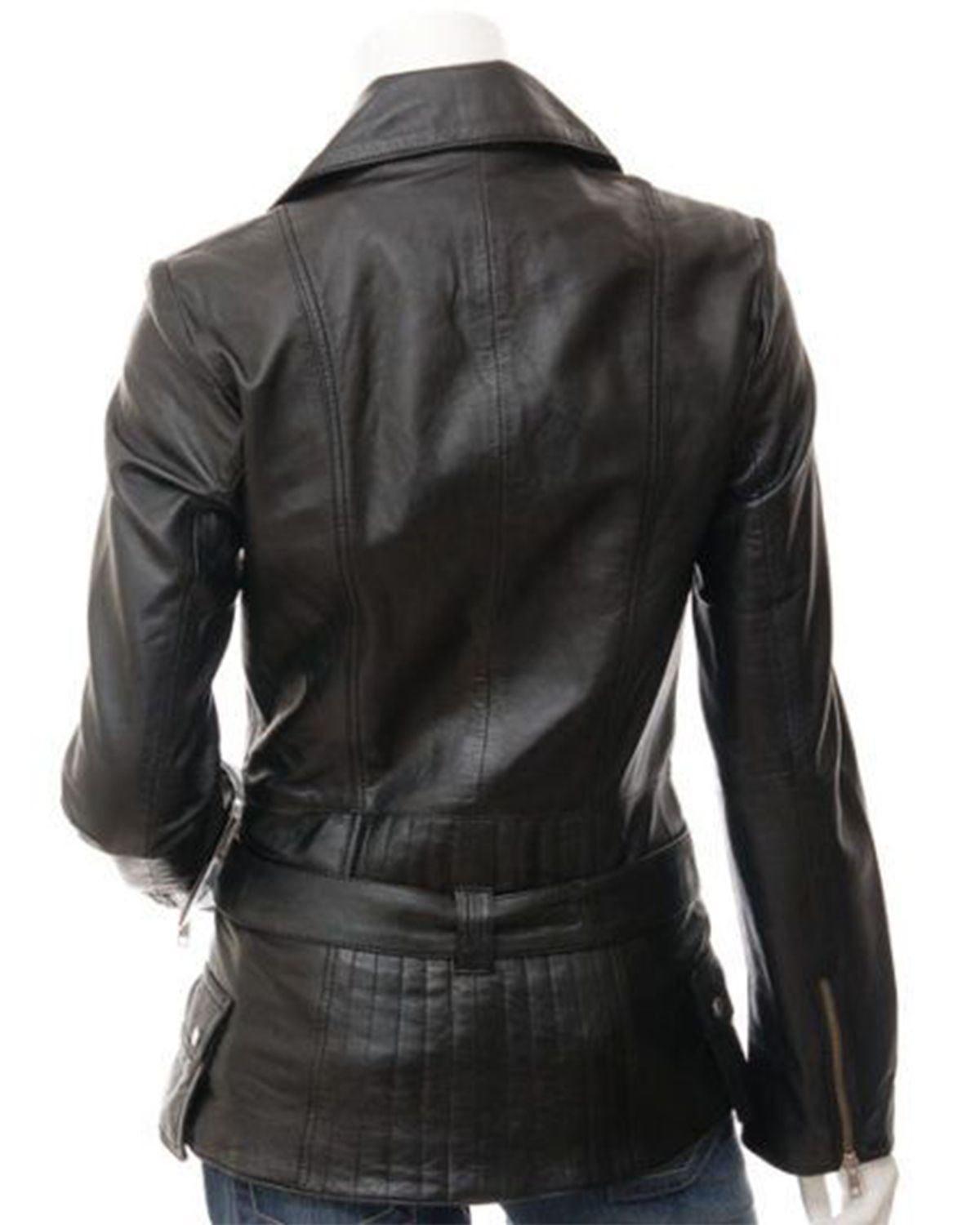 Women's Long Black Biker Real Sheepskin Leather Jacket