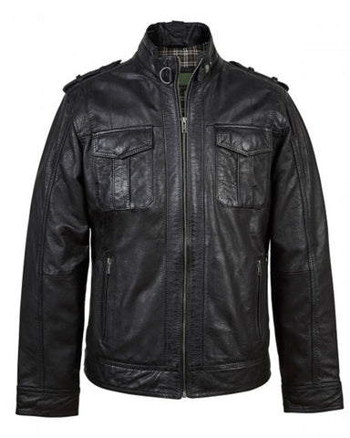 MotorCycleJackets Mens Stand up Collar Black Leather Jacket