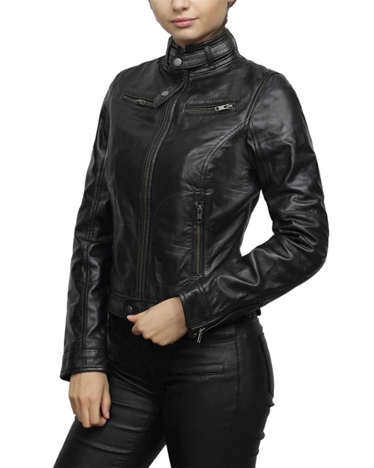 Women's Belted Collar Black Biker Jacket